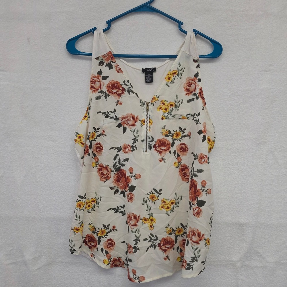 rue21 Floral Half Zip Sleeveless Blouse Cream Orange Yellow Size L